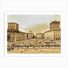 The lively and chaotic Piazza Venezia in Rome. The image depicts a bustling city square in a sepia tone, showcasing a classic European architectural style. Tall buildings with arched windows line the square, creating a sense of grandeur and history. The square is filled with people, cars, and a large bus, suggesting a lively atmosphere. A central circular area with a fountain or monument is visible, adding to the charm of the scene. Art Print