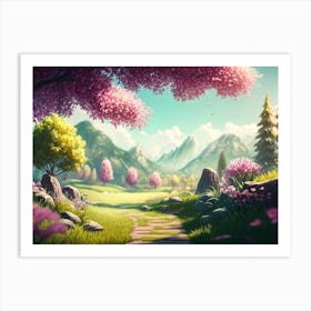 Landscape With Trees And Flowers Art Print