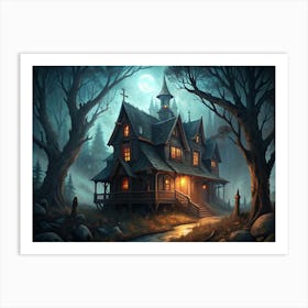 Haunted House In A Dark Forest At Night Art Print