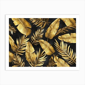 Tropical Exotic Seamless Pattern with Dark Golden Banana Leaves Palm Leaves Vintage Hand Drawn 3d Art Print