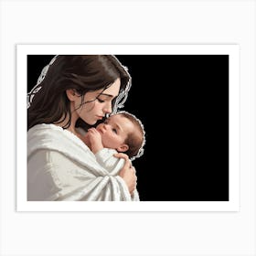 A Mother Cradling Her Sleeping Baby In Her Arms, Isolated On A Black Background 1 Art Print