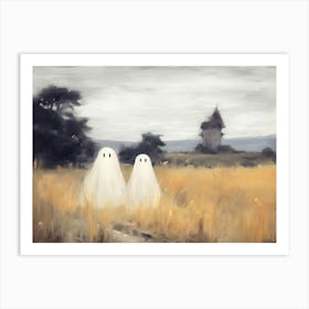 Cute Bedsheet Ghosts, Countryside Vintage Style, Halloween Spooky Art Print