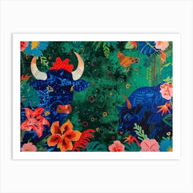 Bulls And Flowers Art Print