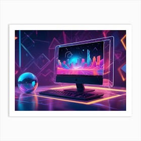 A Still Life Of A Computer, Keyboard, And A Reflective Sphere In A Futuristic, Neon Lit Room Art Print