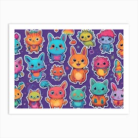 An Illustration Featuring A Collection Of Colorful, Cartoonish Creatures Resembling A Mix Of Cats And Rabbits 1 Art Print