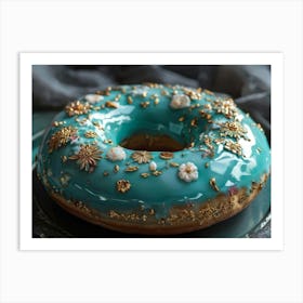 A Cinematic Low Angle View Of A Turquoise Donut Embellished With Gold Trim This Delicate Treat Boas 1 Art Print