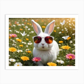 An Adorable White Rabbit Wearing Sunglasses Sits In A Field Of Colorful Flowers, With Butterflies Fluttering Nearby Art Print