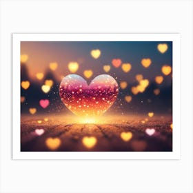 A Glowing Heart With A Soft Sparkle Is Set Against A Background Of Blurred, Heart Shaped Lights Art Print