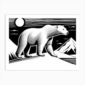 Polar Bear Cavorting In The Arctic Expanse Linocut Art, animal art, 170 Art Print