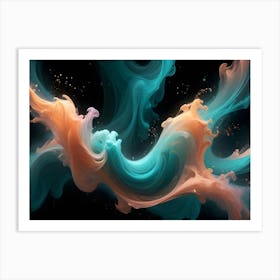 A Dynamic Abstract Composition Of Swirling, Colorful Smoke Or Liquid, With Teal, Orange, And Pink Hues, Creating A Sense Of Motion And Energy Art Print