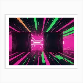 Abstract Image Of A Futuristic, Neon Lit Tunnel With Glowing Green And Pink Lines, Resembling A Digital Portal Or A Gateway To Another World Art Print