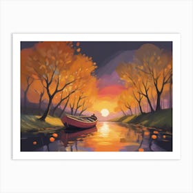 Sunset Boat On The River Art Print
