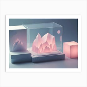 3d Illustration Of A Glass Box With A Paper Mountain Range Inside Art Print