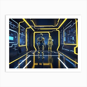 Two Futuristic Humanoid Robots Stand Facing Each Other In A Dark Corridor With Glowing Yellow Lines And Digital Displays Art Print