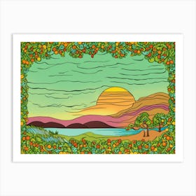 Sunset On The Lake Painting Colors Box Green Art Print