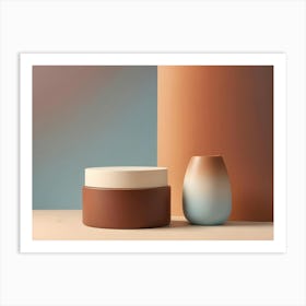 Photo Of A Brown Cylinder With A White Top On A Platform, And A Blue Vase On A Beige Background With A Blue And Orange Gradient Art Print