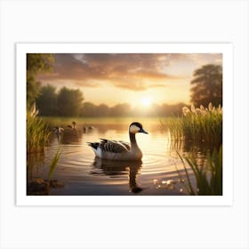 Young Canadian Goose Its Down Feathers Glowing Golden In The Spring Time Swimming Joyfully In A Se (1) Art Print