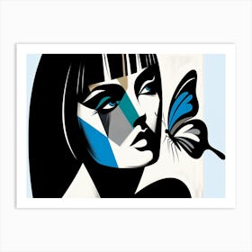 Classic Modern Abstract Female Portrait with Butterfly in Black & Blue Art Print