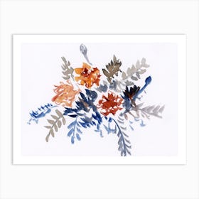 Watercolor Marigold Bouquet floral flower hand painted white blue orange horizontal office hotel bedroom  Art Print