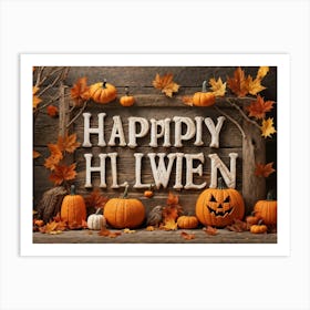 Autumn Themed Word Art Featuring The Word Happy Halloween In A Creative Rustic Stack As If Carve (2) 1 Art Print