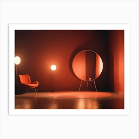 A Red Armchair And A Round Mirror Stand In A Corner Of A Room With A Red Wall Art Print