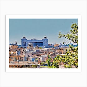 Rooftops and Domes in Rome. This image depicts a picturesque view of a historic cityscape, characterized by its terracotta rooftops and prominent domed structures. The two large domes, likely belonging to significant religious or historical buildings, stand out against a clear blue sky. The foreground is filled with a variety of buildings, showcasing a mix of architectural styles and colors, while lush green trees add a touch of nature to the urban scene. 2 Art Print