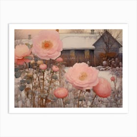 Pink Roses In The Snow Art Print