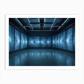 A Dark, Futuristic Room With A Screen Array Displaying Glowing Data And Lines, Evoking The Idea Of Technology, Data Visualization, Or A Digital Space Art Print