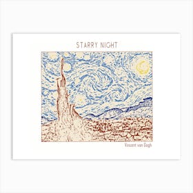 Line Art Minimalist – Starry Night – Vincent Van Gogh – Classic Painting 1 Art Print