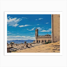 Palazzo dei Consoli (Palace of the Consuls) in Gubbio. A beautifully preserved medieval-style building with intricate stonework and arched windows under a vibrant blue sky. Its towering presence, complete with a clock tower, dominates a sunlit square where visitors stroll and admire the architecture. The scene captures the charm and history of a European town center. Art Print