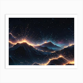 A Digital Illustration Of A Dark, Mountainous Landscape With Sparkling, Golden Light Emanating From The Peaks, Set Against A Starry Night Sky Art Print