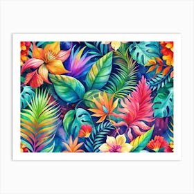 Watercolor Tropical Leaves And Flowers Seamless Pattern Art Print