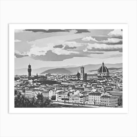 Panoramic View of Florence. This image depicts a panoramic view of Florence, Italy, showcasing its iconic architectural landmarks. The prominent structures include the Florence Cathedral with its distinctive dome and the Palazzo Vecchio with its tall tower. The cityscape is set against a backdrop of rolling hills and a partly cloudy sky, capturing the historical and cultural essence of Florence. 1 Art Print