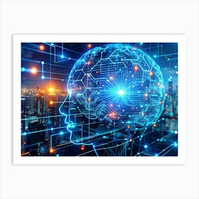 Digital Illustration Of A Human Brain With Circuit Board Patterns, Superimposed On A Nighttime Cityscape Art Print