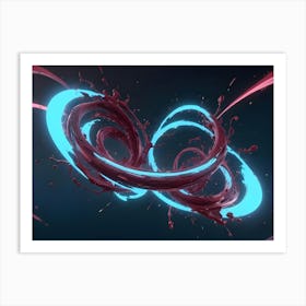 Abstract 3d Rendering Of Swirling, Neon Lit Liquid Forming Two Intertwined Rings Against A Dark Blue Background Art Print