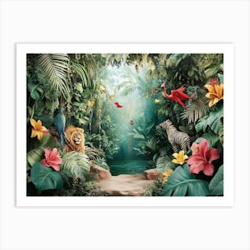 3d Jungle Scene with Exotic Animals Art Print