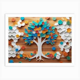 Vibrant With A Whimsical Tree, White Lattice Tiles, And Colorful Hexagons On Oak Wood 1 Art Print