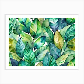 Watercolor Seamless Pattern Of Green Leaves On A White Background Art Print