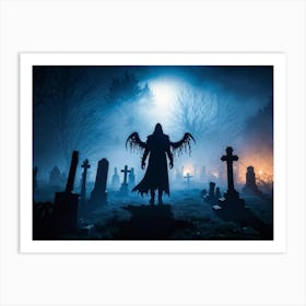 Silhouette Of A Daemon Costume Amidst A Fog Shrouded Cemetery Steam Rising From The Ground Adding T (6) Art Print