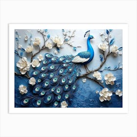 3d Blue Peacock On Branch With Flowers 2 Art Print