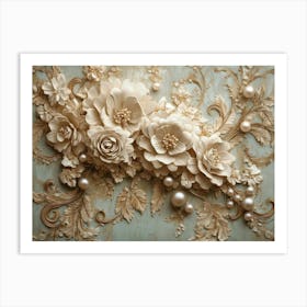 Ornate 3d Featuring a Cascade of Pearl Flowers Over a Vintage European Tapestry Art Print