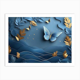 Blue Butterfly With Gold Leaves 1 Art Print