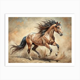 Brown Horse Running In The Dust Art Print