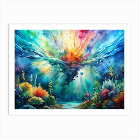 Watercolor Underwater Scene With Sunburst Art Print