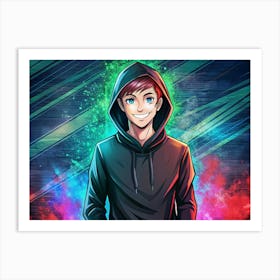 Smiling Anime Boy In Black Hoodie With Neon Lights Art Print