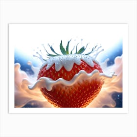 Photo Of A Strawberry Covered In A Splash Of Milk Against A Blue Background Art Print