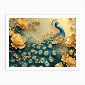 3d Artwork Peacock Illustration Background with Golden Jewelry and Flowers Art Print