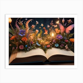 A Fantasy Scene Of A Book With Flowers, Butterflies, A Rabbit, And Glowing Lanterns Emerging From Its Pages Art Print