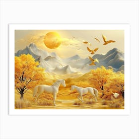 3d Horse And Golden Trees With Colored Mountains 2 Art Print