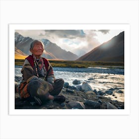 Shantiva zaga, an old tibethan woman meditate at the bottom of the mountains, near the river Art Print